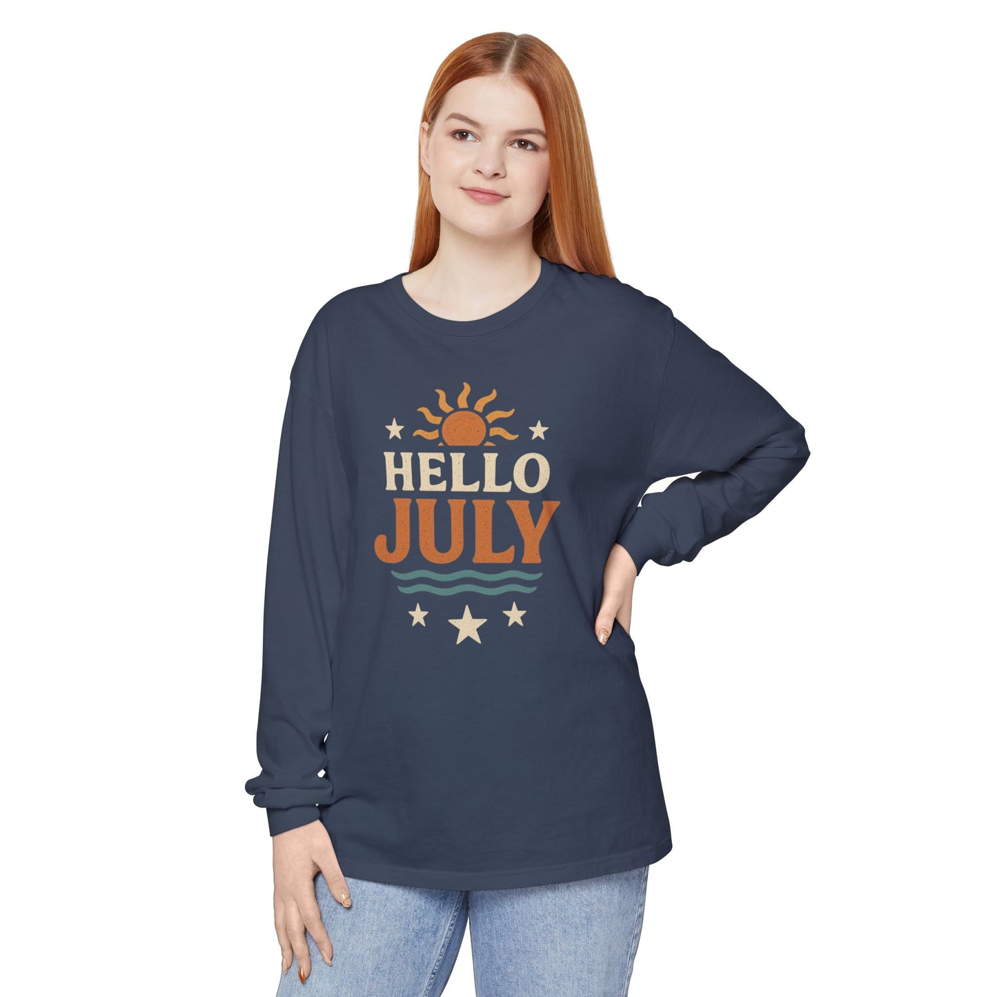 Sunny Hello July Long Sleeve T-Shirt | Unisex Summer Apparel | Gift for July Birthdays, Summer Celebrations, Beach Wear, Casual Style