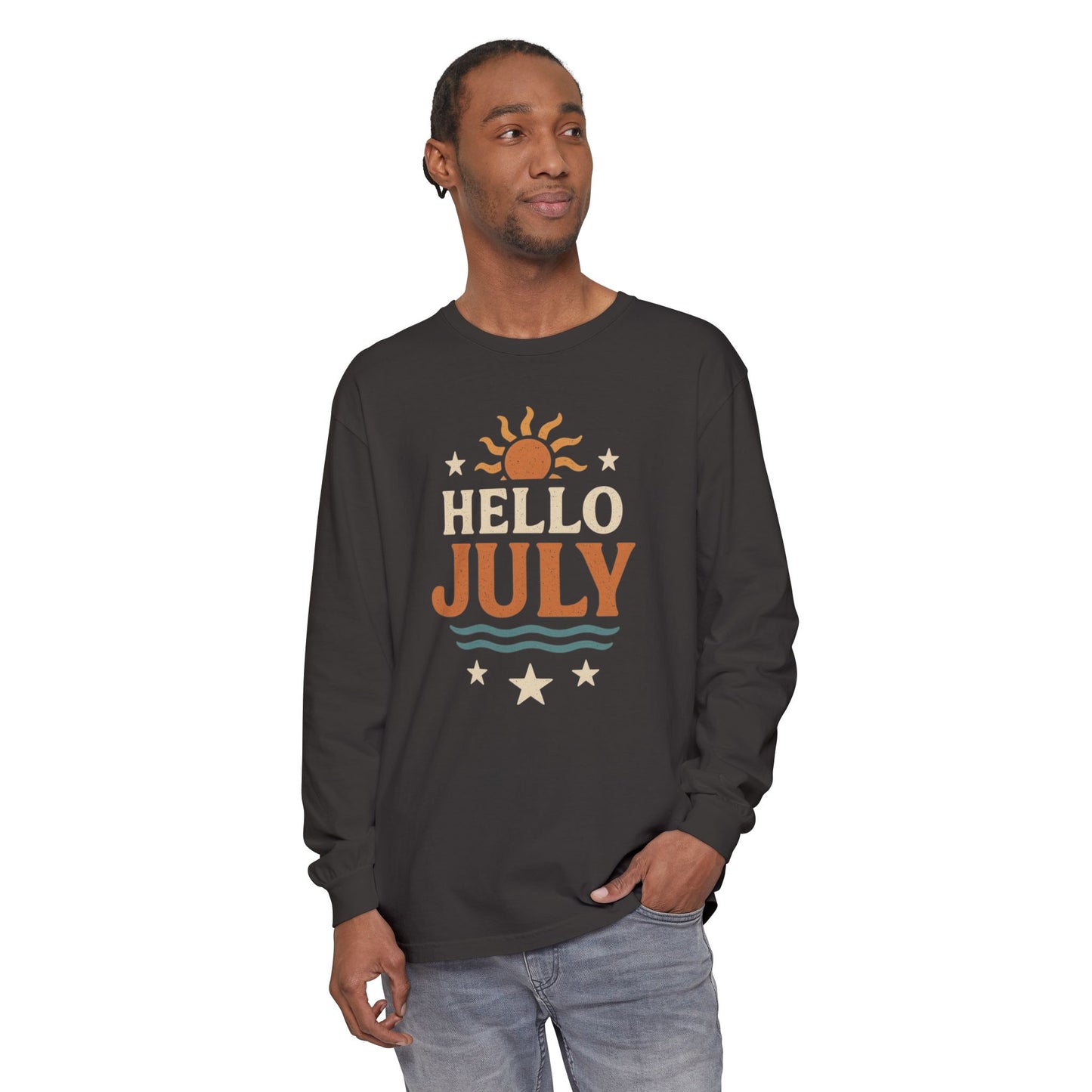 Sunny Hello July Long Sleeve T-Shirt | Unisex Summer Apparel | Gift for July Birthdays, Summer Celebrations, Beach Wear, Casual Style