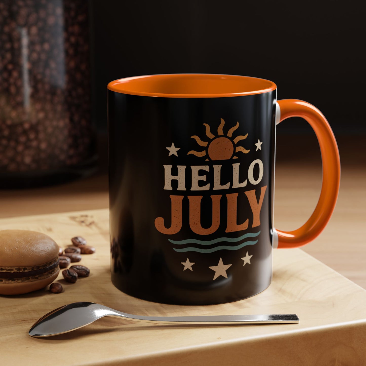 Accent Coffee Mug - Hello July Design, Summer Mug, Beach Lover Gift, July Birthday Gift, Celebrate Independence Day