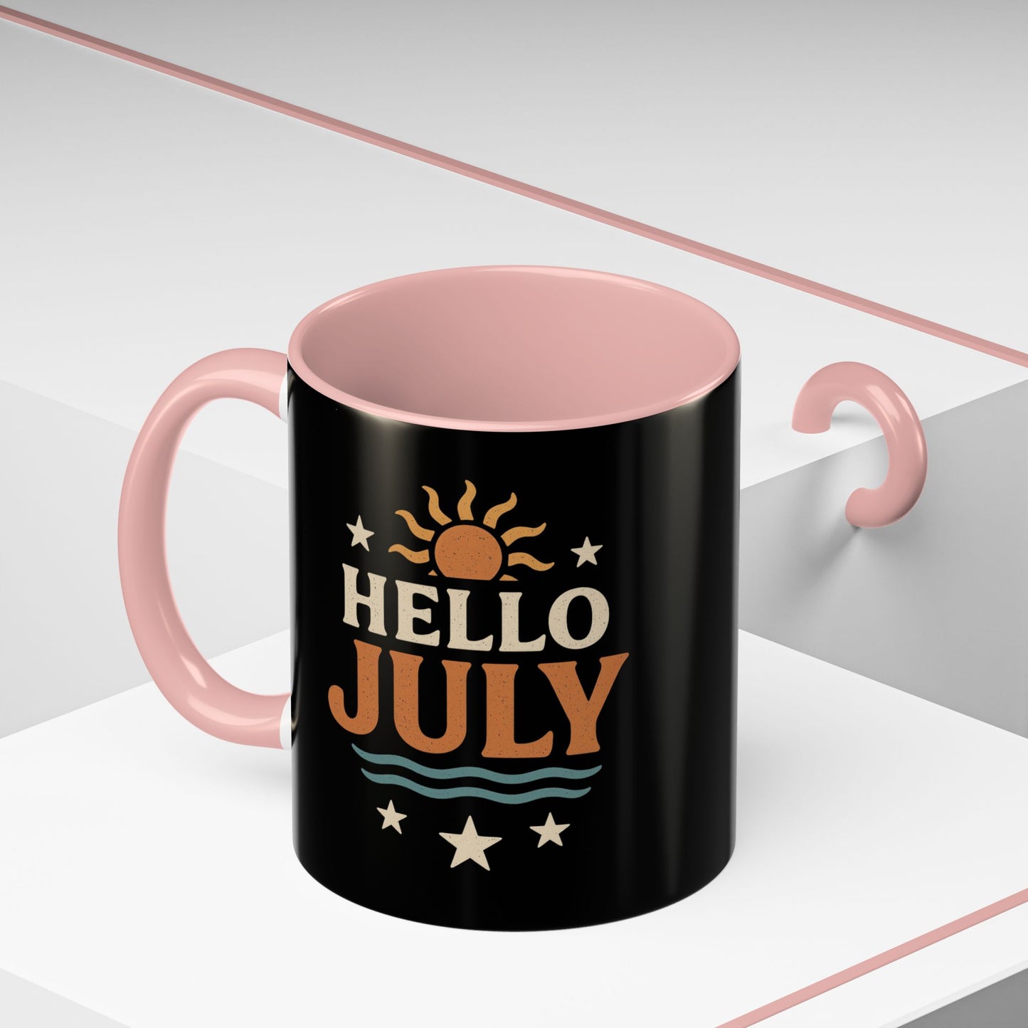 Accent Coffee Mug - Hello July Design, Summer Mug, Beach Lover Gift, July Birthday Gift, Celebrate Independence Day