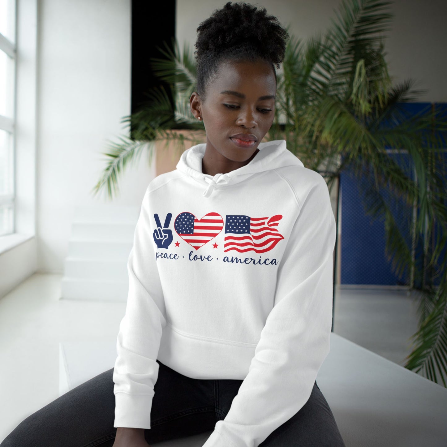 Patriotic Peace Hoodie, Unisex Pullover Sweatshirt, Love America Apparel, Cozy Gift for Fourth of July, Comfy Everyday Wear