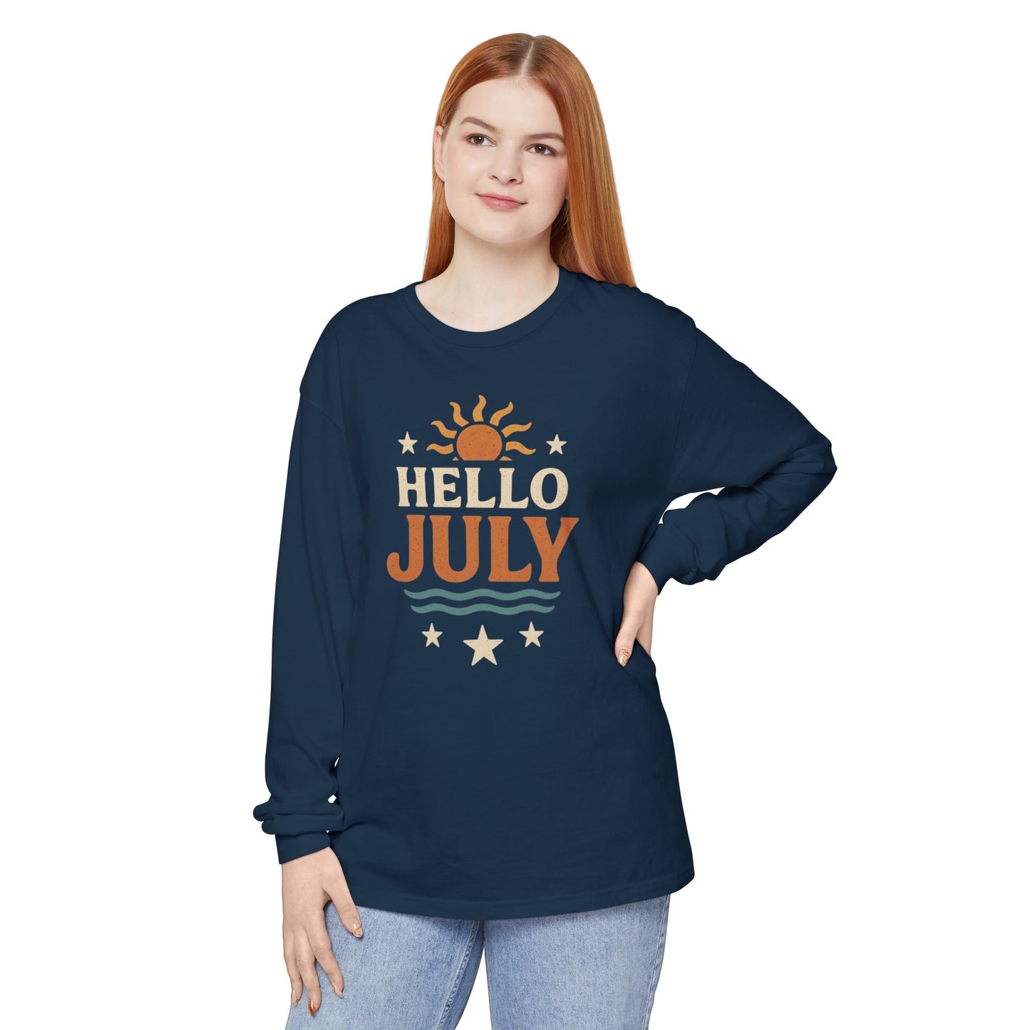 Sunny Hello July Long Sleeve T-Shirt | Unisex Summer Apparel | Gift for July Birthdays, Summer Celebrations, Beach Wear, Casual Style