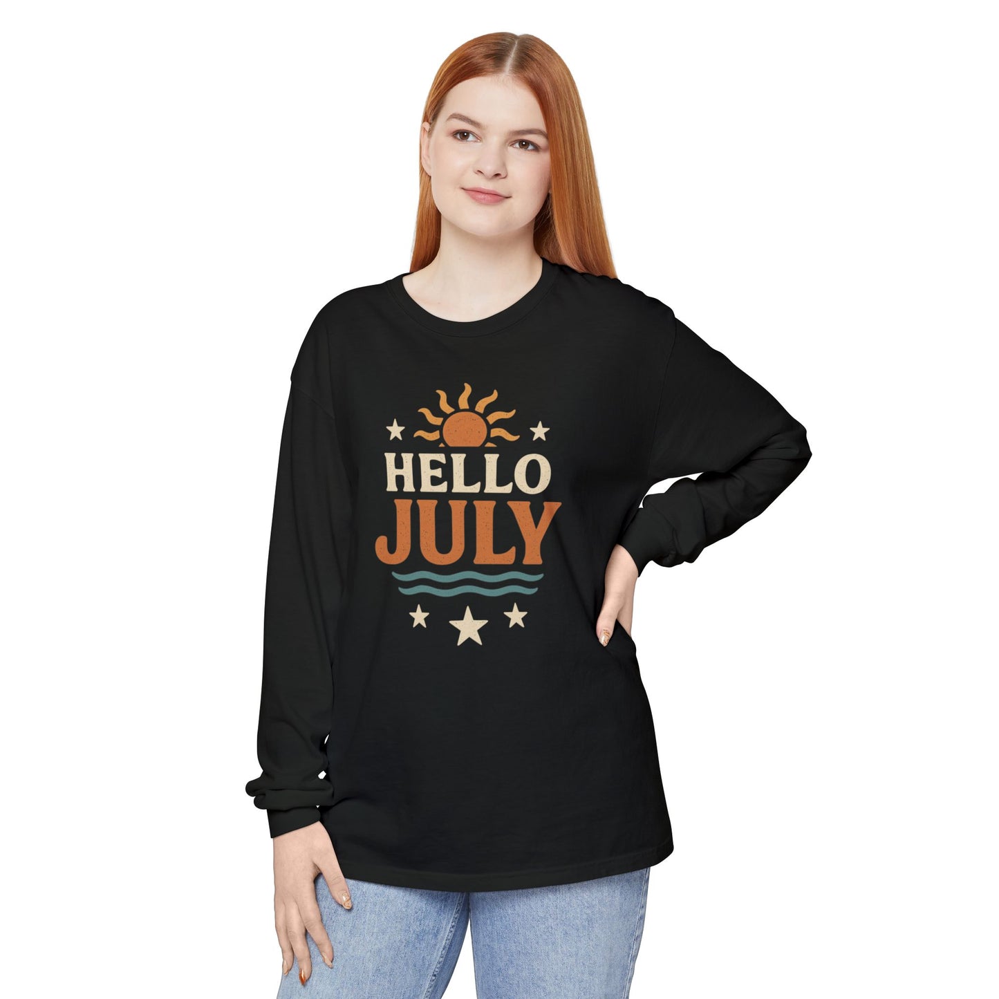 Sunny Hello July Long Sleeve T-Shirt | Unisex Summer Apparel | Gift for July Birthdays, Summer Celebrations, Beach Wear, Casual Style