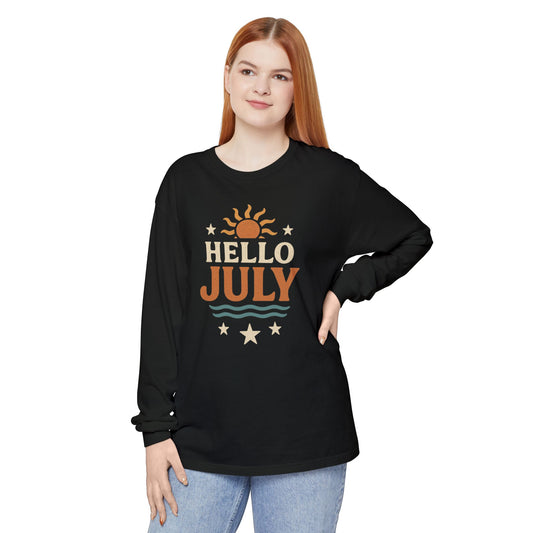 Sunny Hello July Long Sleeve T-Shirt | Unisex Summer Apparel | Gift for July Birthdays, Summer Celebrations, Beach Wear, Casual Style