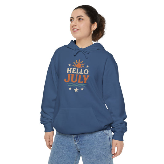 Unisex Summer Hoodie - Hello July, Cozy Apparel, Gift for July Birthdays, Light Summer Layer, Relaxed Style