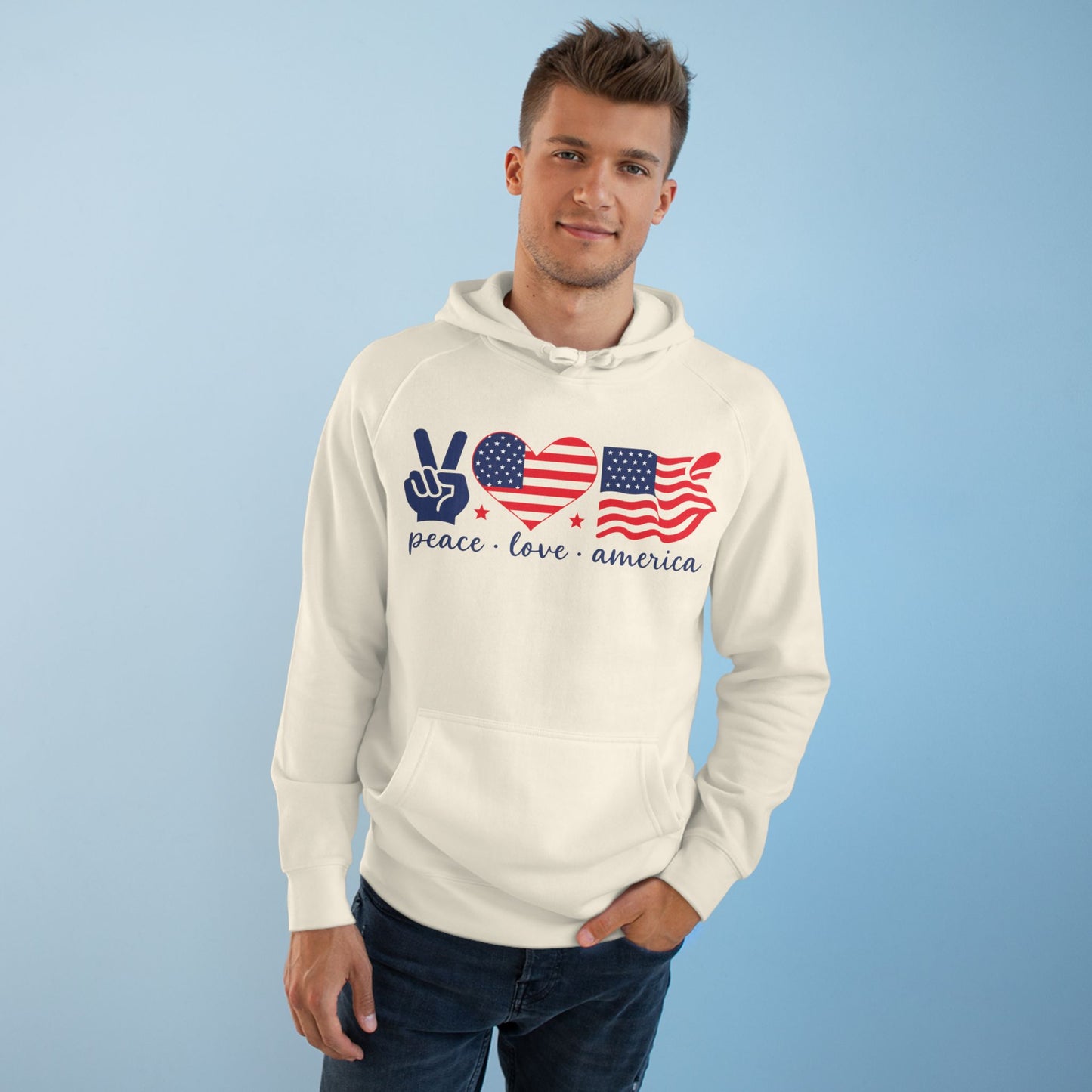Patriotic Peace Hoodie, Unisex Pullover Sweatshirt, Love America Apparel, Cozy Gift for Fourth of July, Comfy Everyday Wear