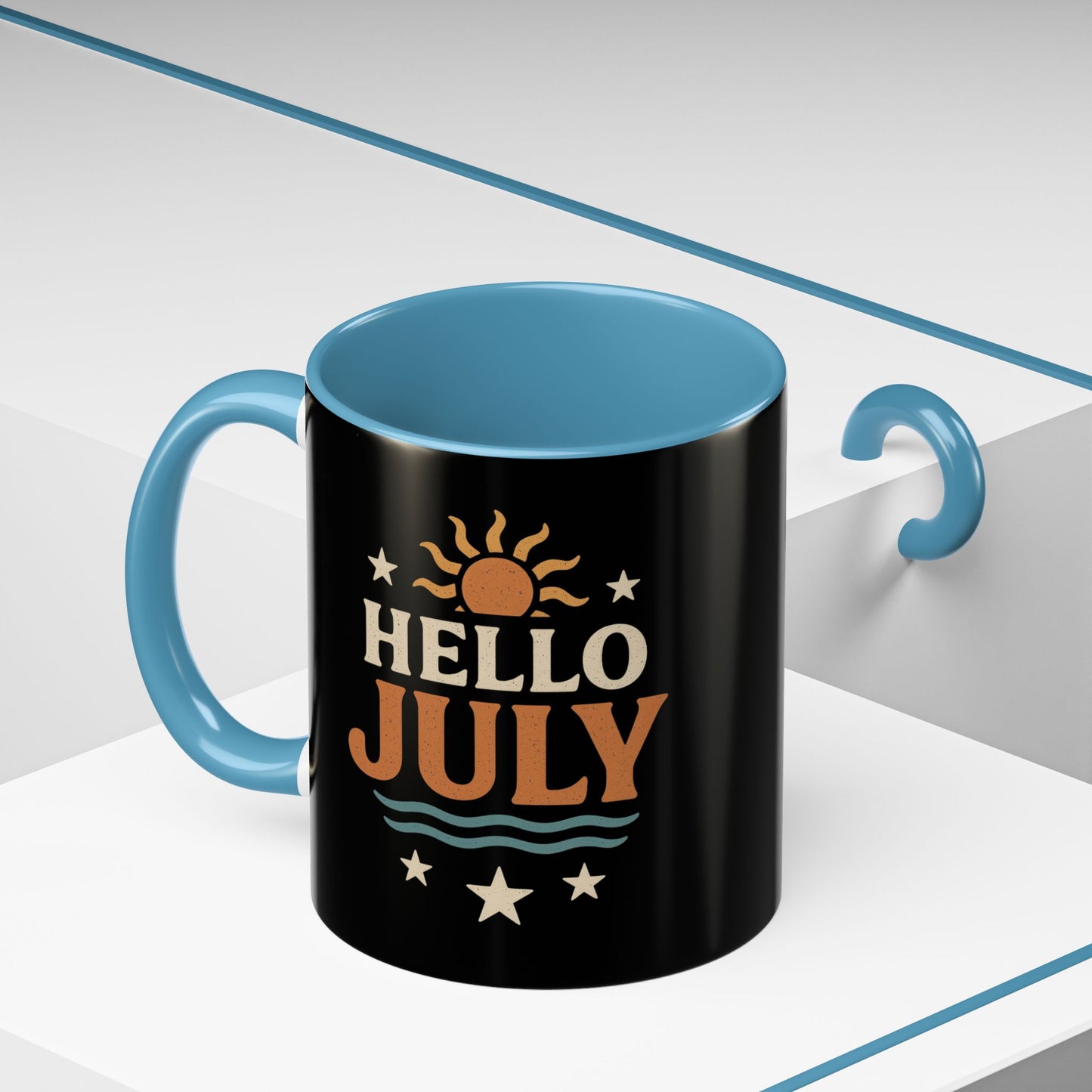 Accent Coffee Mug - Hello July Design, Summer Mug, Beach Lover Gift, July Birthday Gift, Celebrate Independence Day
