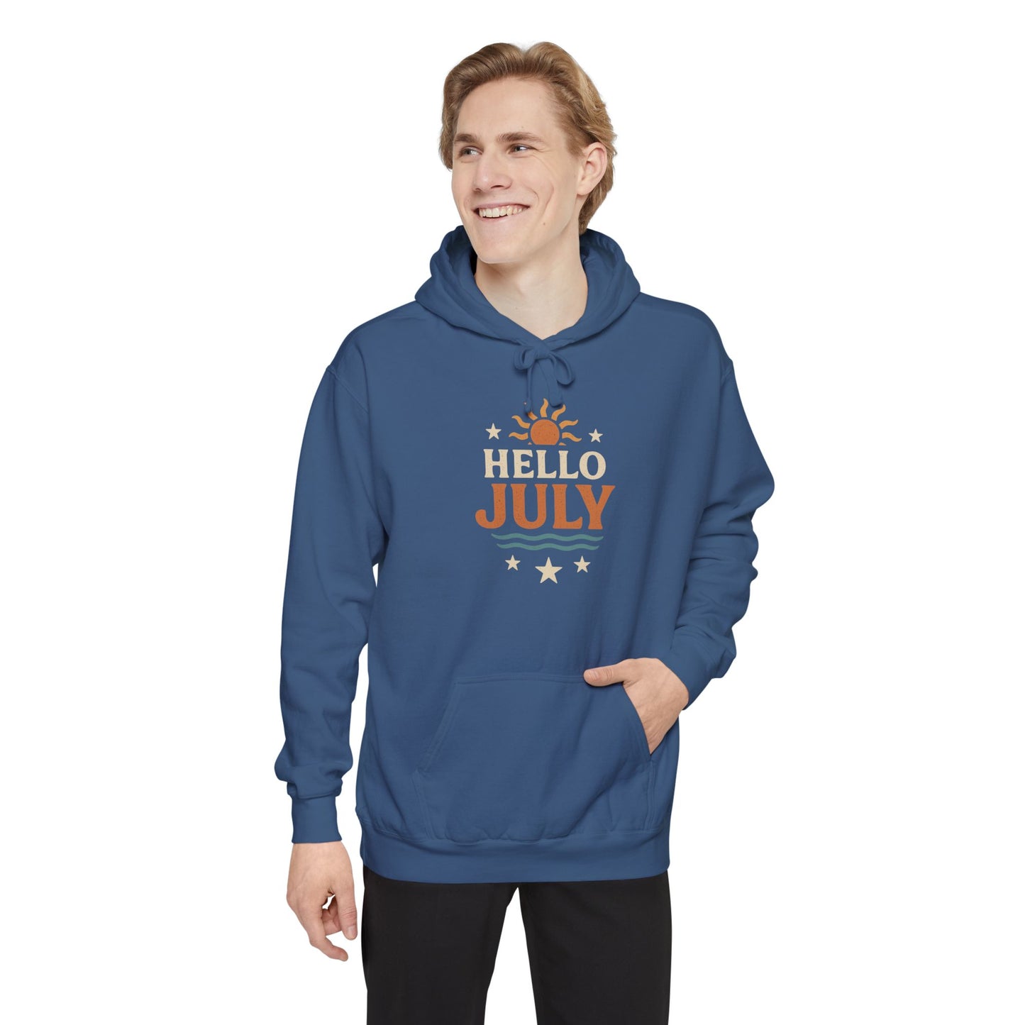 Unisex Summer Hoodie - Hello July, Cozy Apparel, Gift for July Birthdays, Light Summer Layer, Relaxed Style