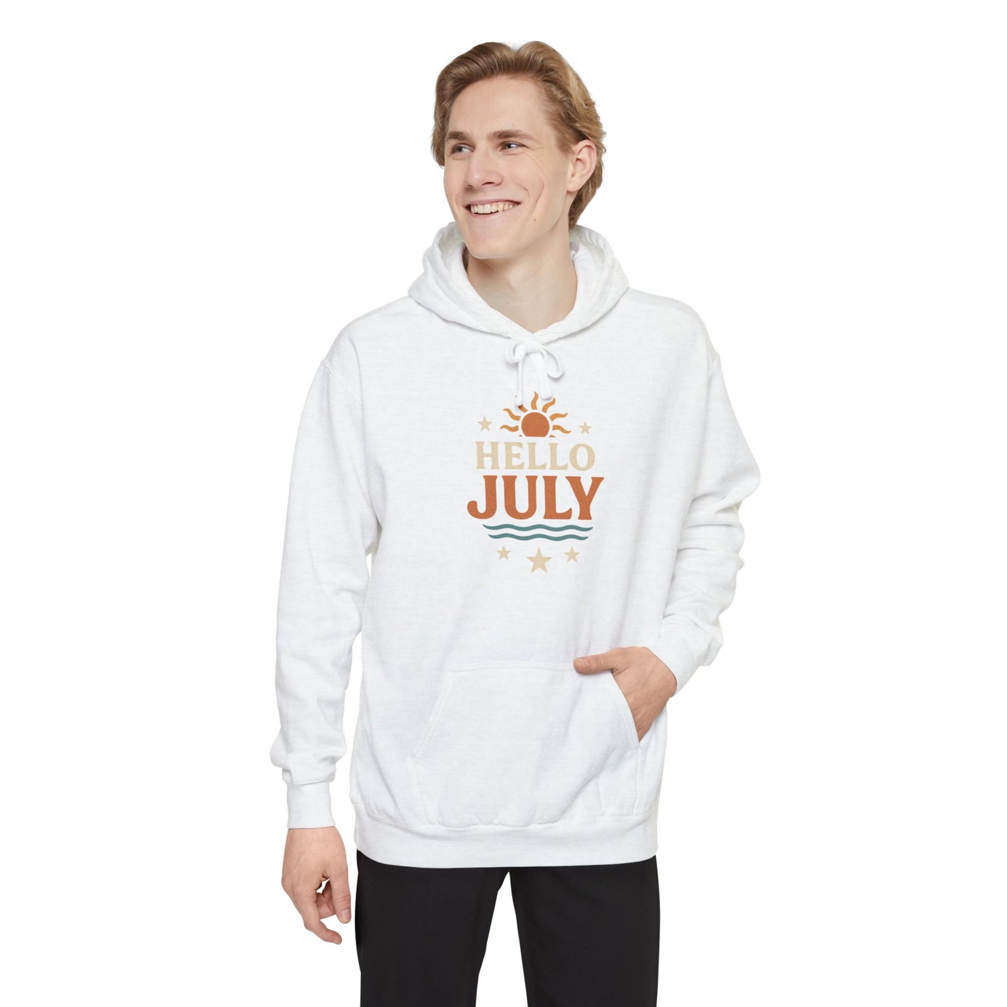 Unisex Summer Hoodie - Hello July, Cozy Apparel, Gift for July Birthdays, Light Summer Layer, Relaxed Style
