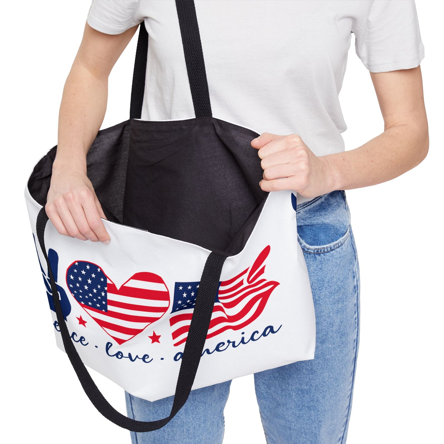 Patriotic Weekender Tote Bag, Peace Love America, Travel Bag, Beach Tote, Summer Essentials, 4th of July Celebration, Gift Idea