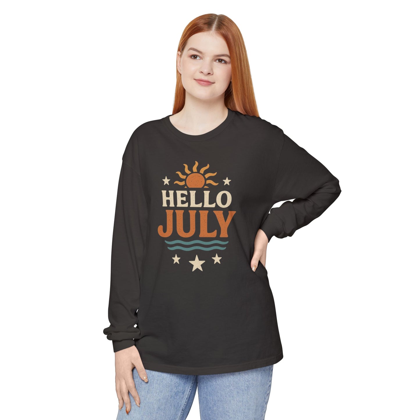 Sunny Hello July Long Sleeve T-Shirt | Unisex Summer Apparel | Gift for July Birthdays, Summer Celebrations, Beach Wear, Casual Style