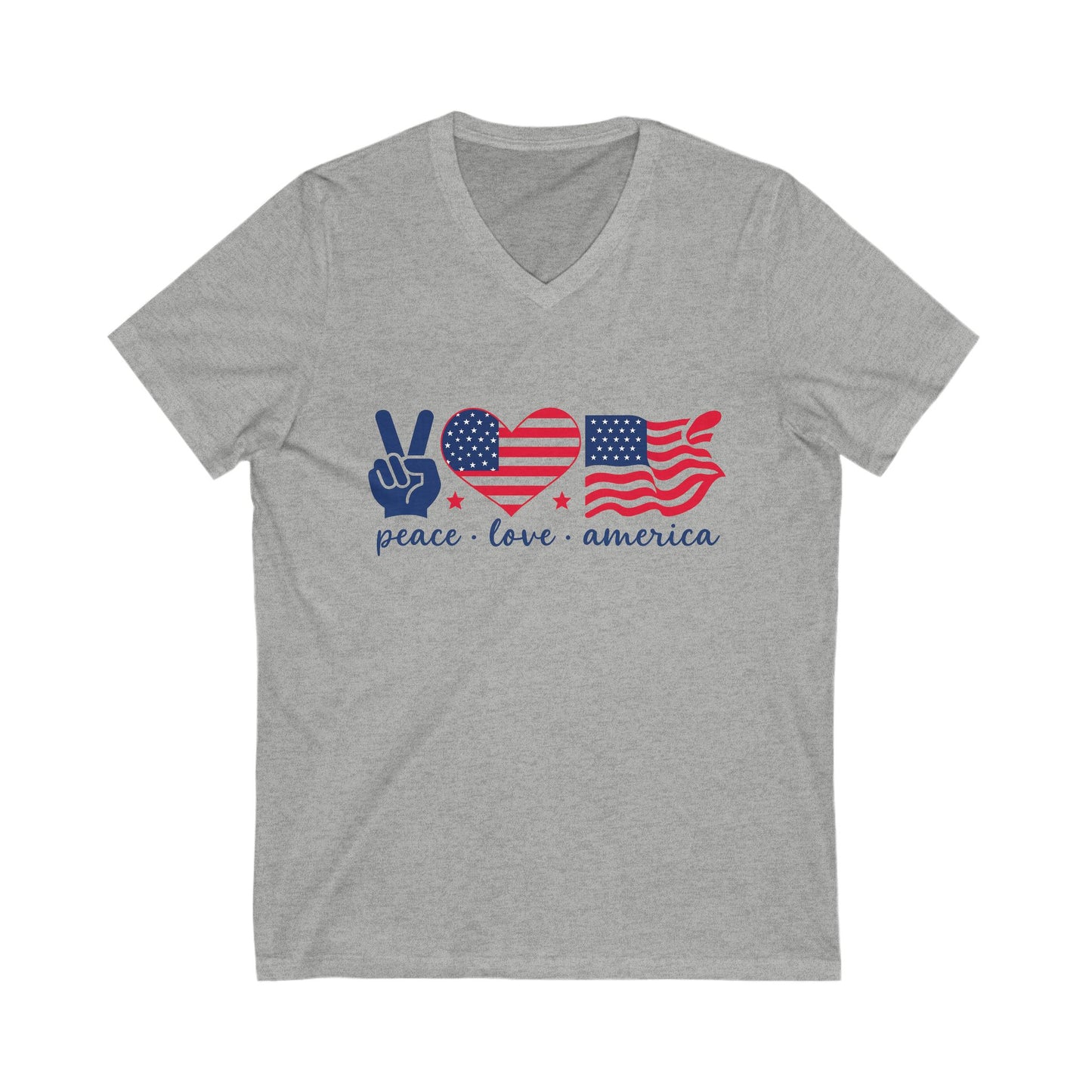 Patriotic Peace Love Tee, Unisex V-Neck Shirt for Holidays, Casual Wear, Gifts, Americana Pride, Comfortable Summer Style