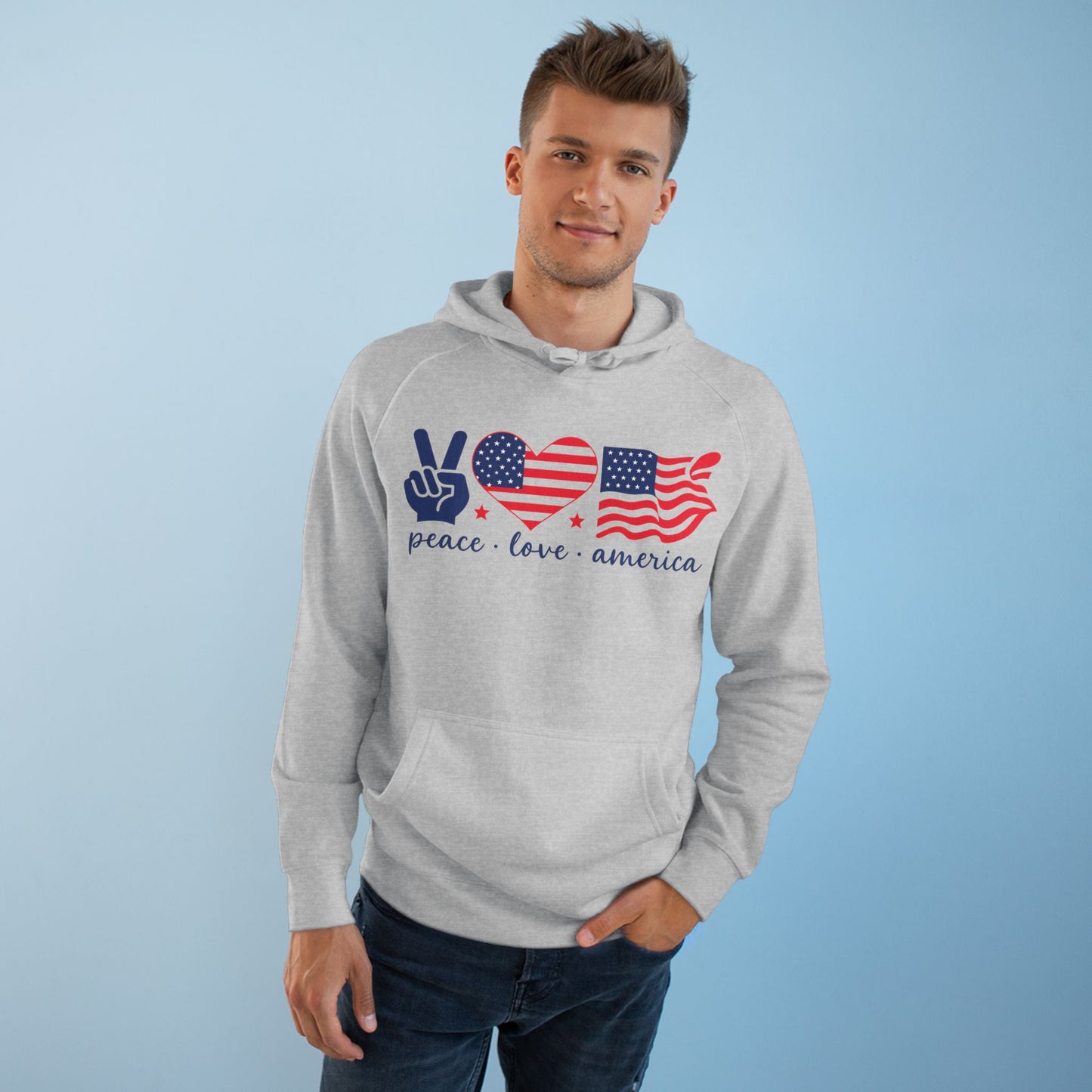 Patriotic Peace Hoodie, Unisex Pullover Sweatshirt, Love America Apparel, Cozy Gift for Fourth of July, Comfy Everyday Wear