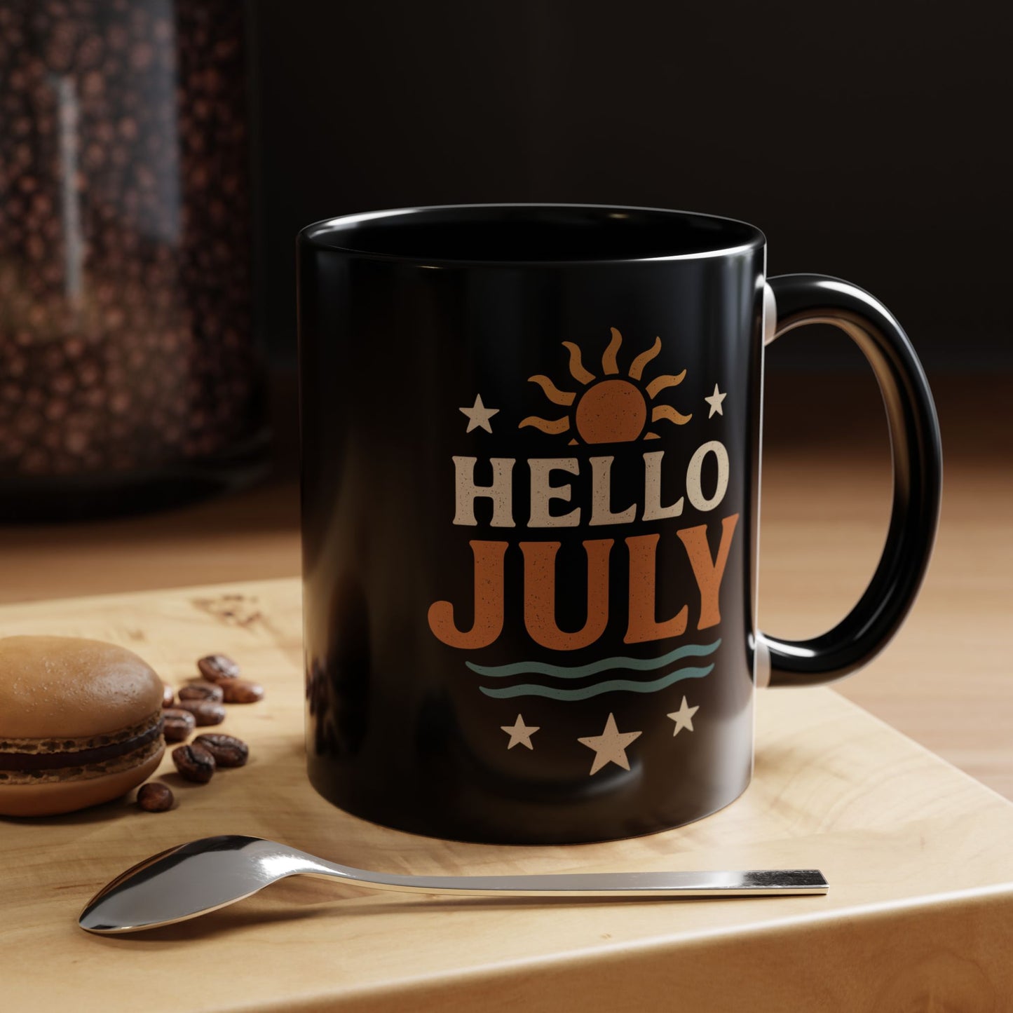Accent Coffee Mug - Hello July Design, Summer Mug, Beach Lover Gift, July Birthday Gift, Celebrate Independence Day