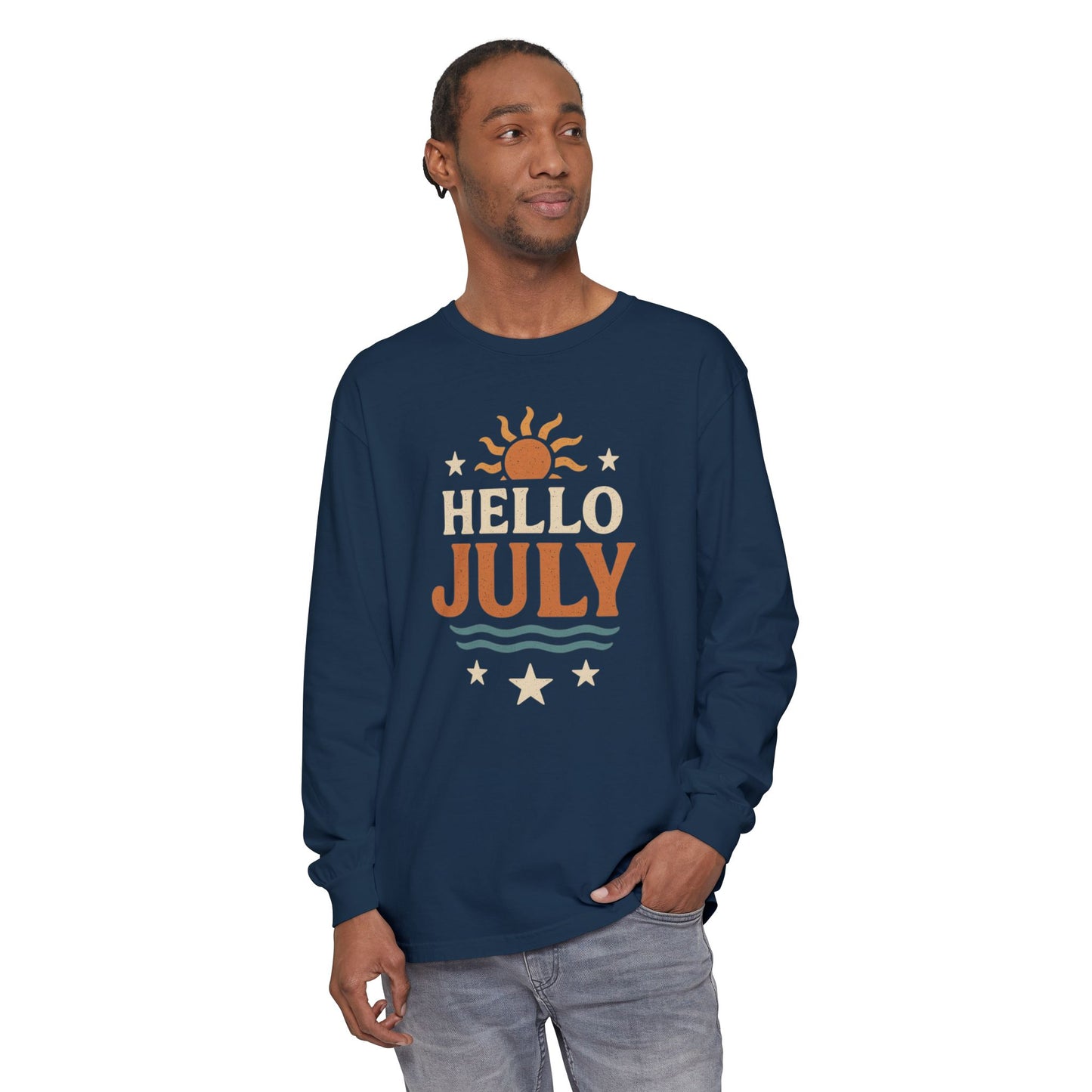 Sunny Hello July Long Sleeve T-Shirt | Unisex Summer Apparel | Gift for July Birthdays, Summer Celebrations, Beach Wear, Casual Style
