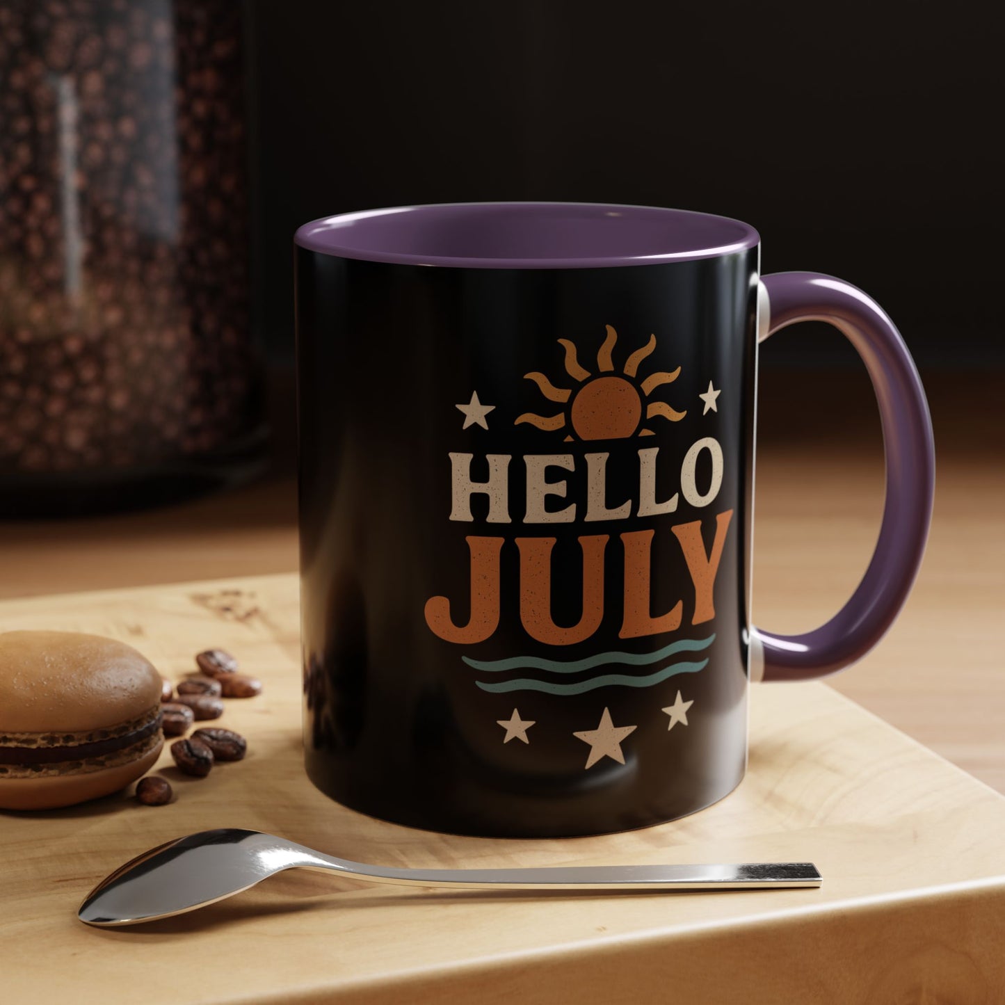 Accent Coffee Mug - Hello July Design, Summer Mug, Beach Lover Gift, July Birthday Gift, Celebrate Independence Day