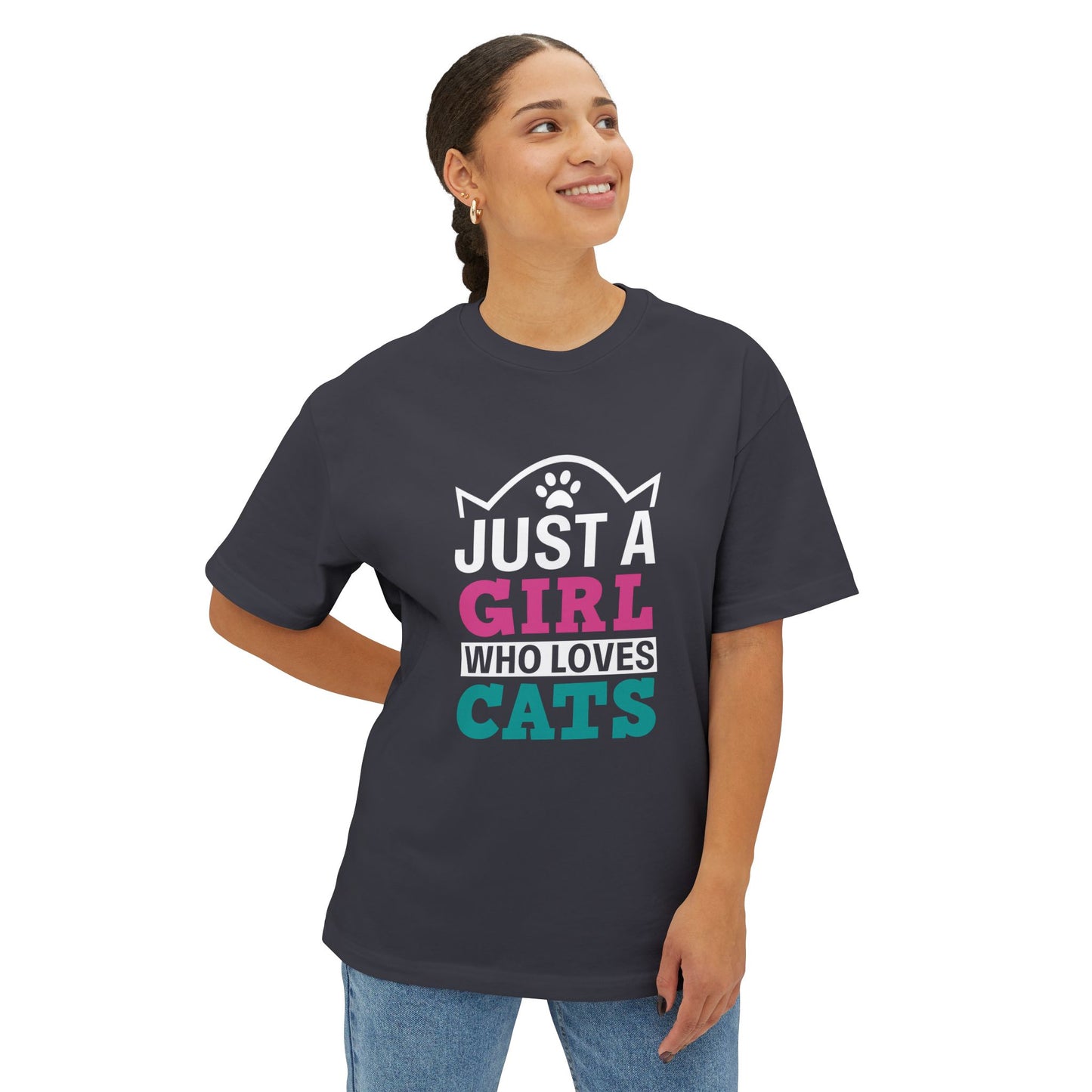 Just a Girl Who Loves Cats - Unisex Oversized Boxy Tee, Cat Lover Apparel, Cute Cat T-Shirt, Gifts for Cat Lovers, Everyday Casual Wear