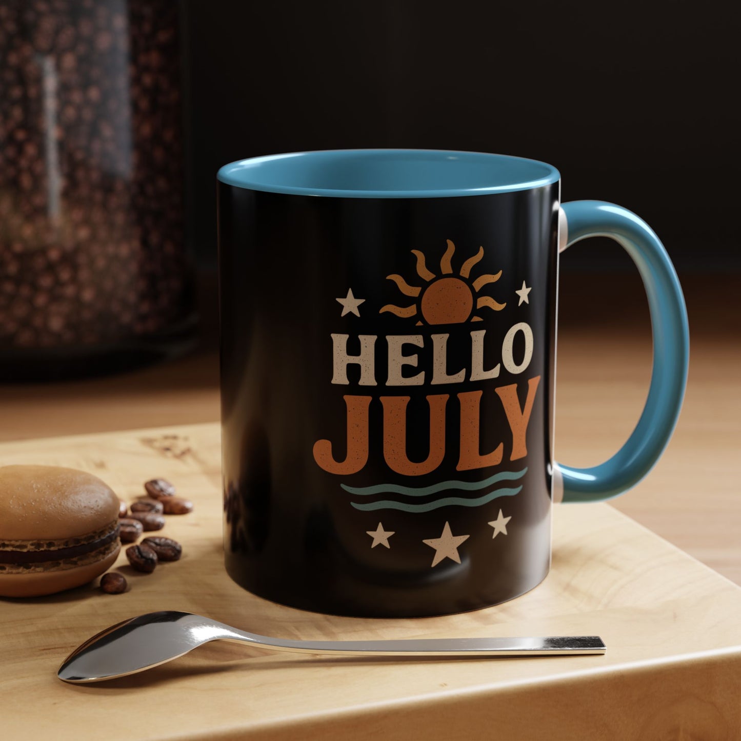 Accent Coffee Mug - Hello July Design, Summer Mug, Beach Lover Gift, July Birthday Gift, Celebrate Independence Day