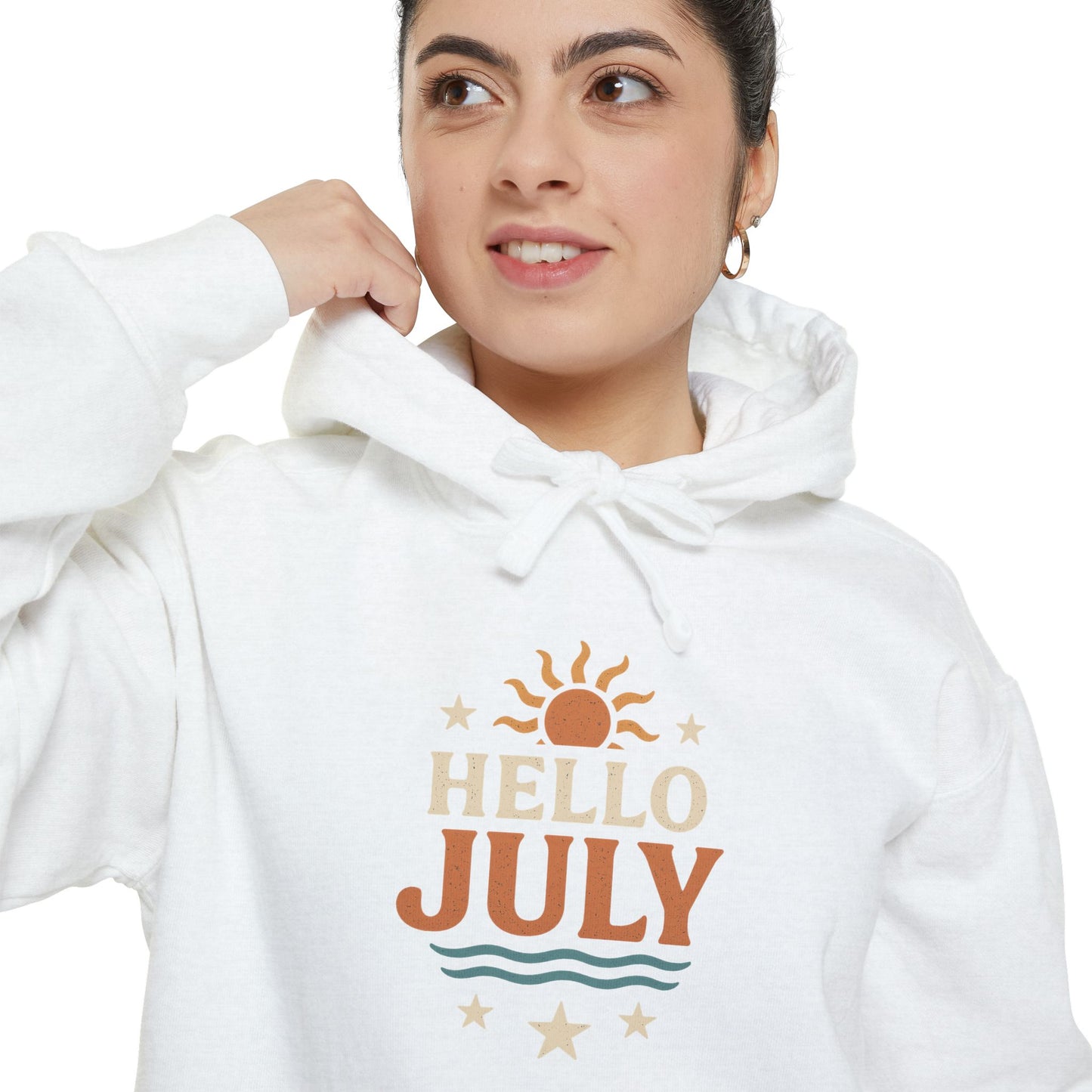Unisex Summer Hoodie - Hello July, Cozy Apparel, Gift for July Birthdays, Light Summer Layer, Relaxed Style