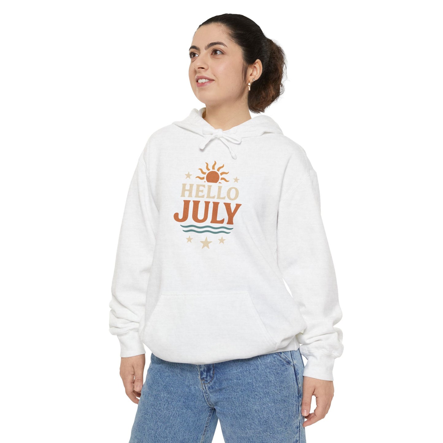 Unisex Summer Hoodie - Hello July, Cozy Apparel, Gift for July Birthdays, Light Summer Layer, Relaxed Style