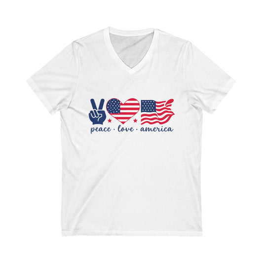 Patriotic Peace Love Tee, Unisex V-Neck Shirt for Holidays, Casual Wear, Gifts, Americana Pride, Comfortable Summer Style
