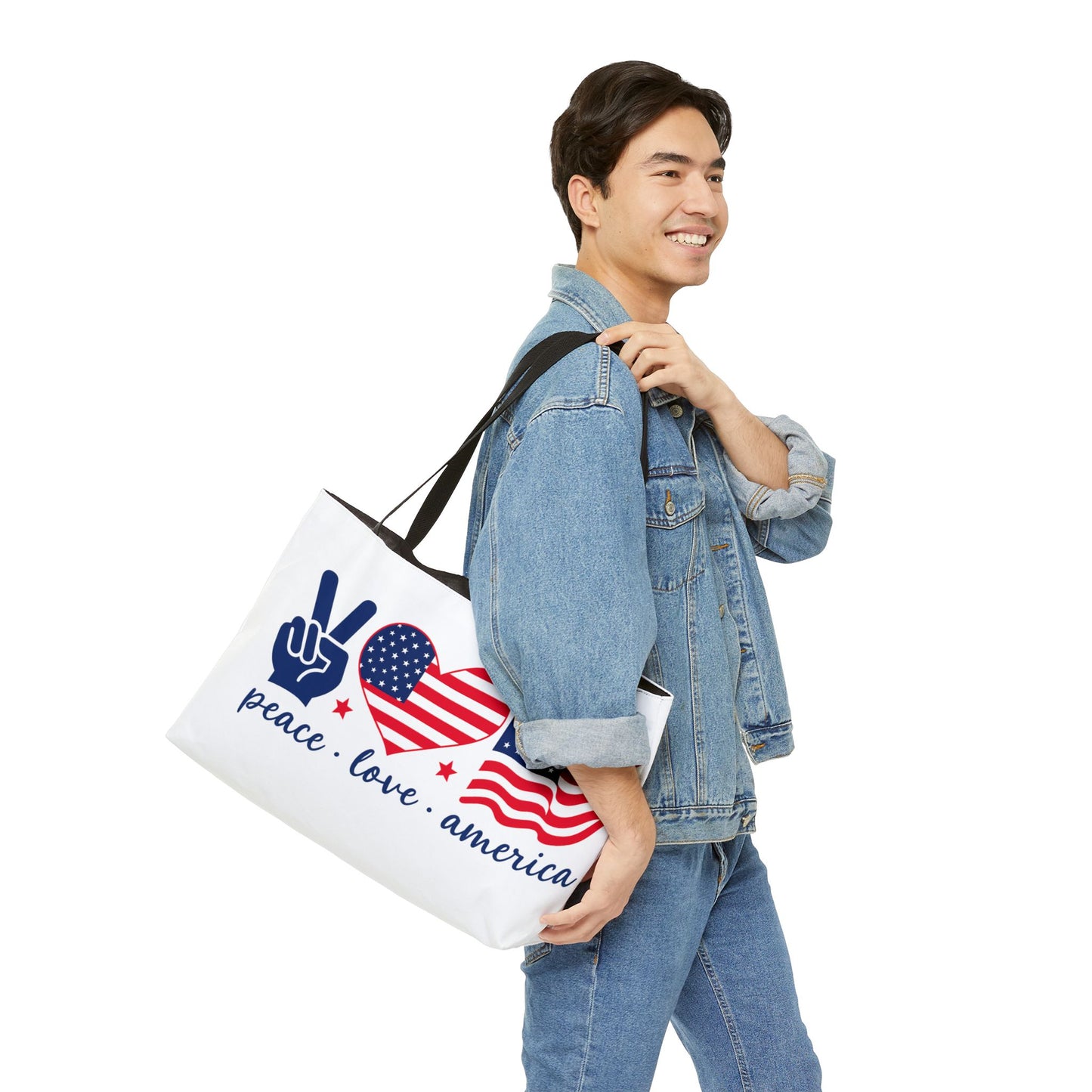 Patriotic Weekender Tote Bag, Peace Love America, Travel Bag, Beach Tote, Summer Essentials, 4th of July Celebration, Gift Idea