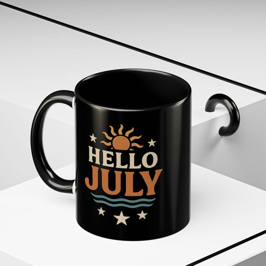 Accent Coffee Mug - Hello July Design, Summer Mug, Beach Lover Gift, July Birthday Gift, Celebrate Independence Day