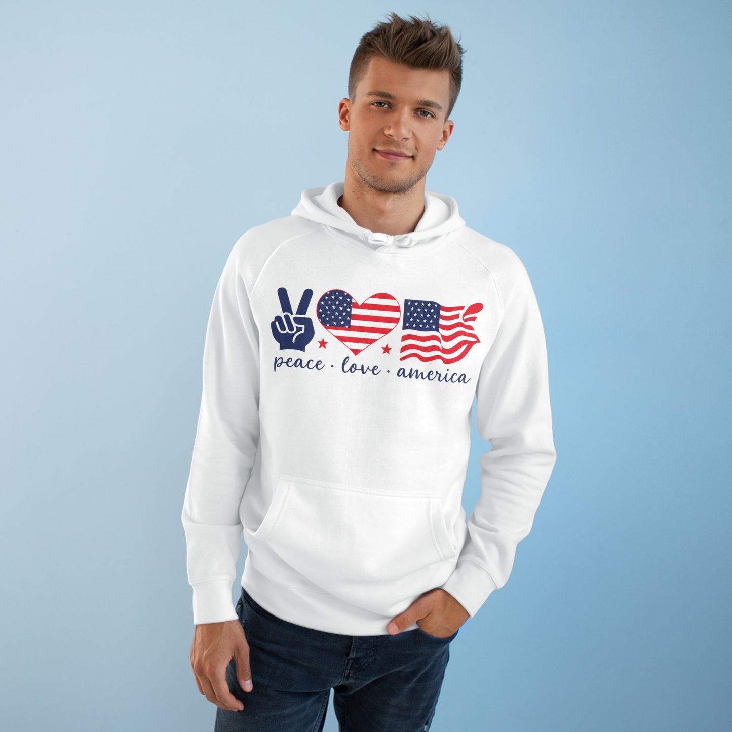 Patriotic Peace Hoodie, Unisex Pullover Sweatshirt, Love America Apparel, Cozy Gift for Fourth of July, Comfy Everyday Wear