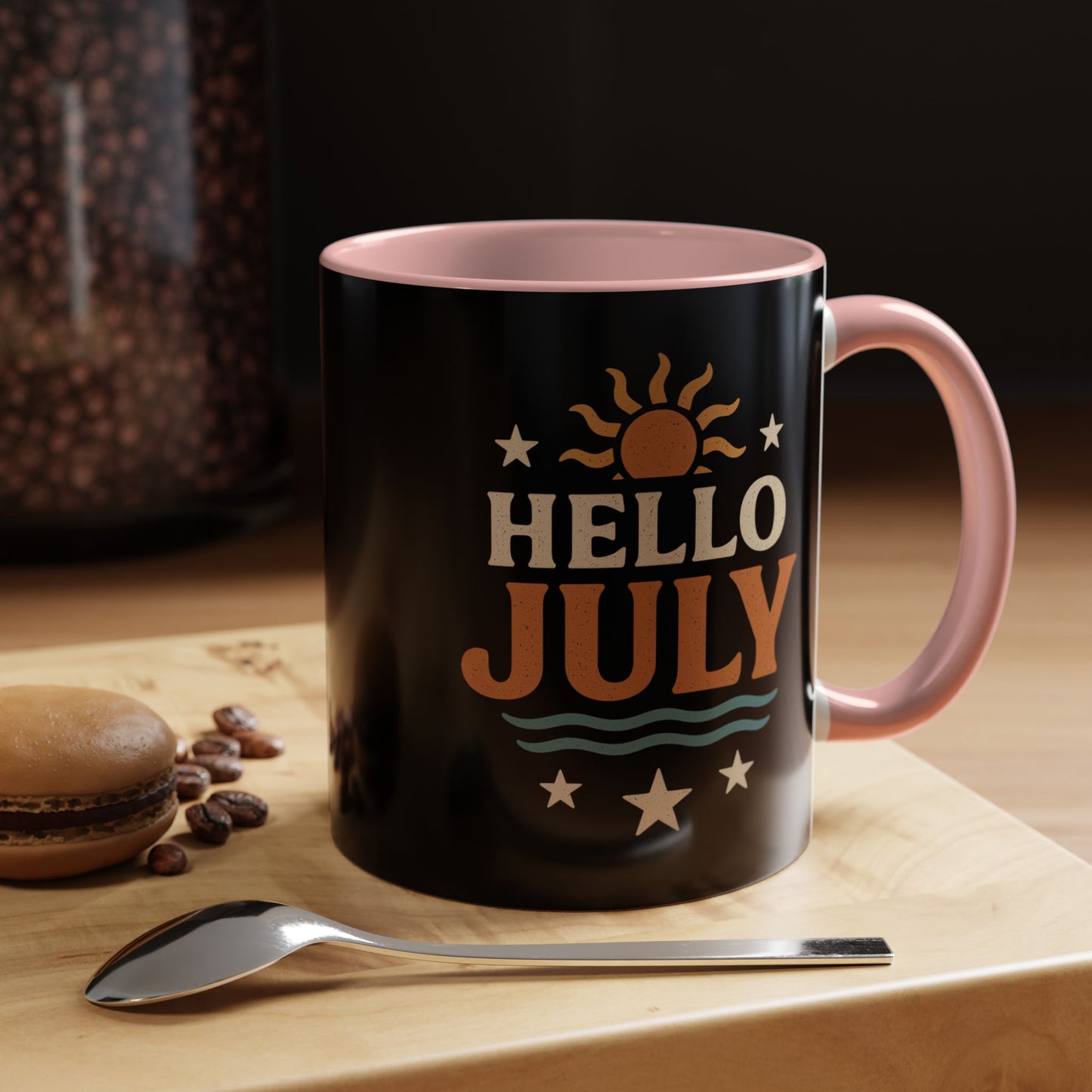 Accent Coffee Mug - Hello July Design, Summer Mug, Beach Lover Gift, July Birthday Gift, Celebrate Independence Day