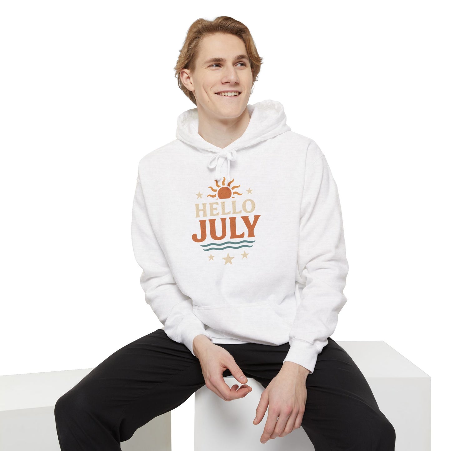 Unisex Summer Hoodie - Hello July, Cozy Apparel, Gift for July Birthdays, Light Summer Layer, Relaxed Style