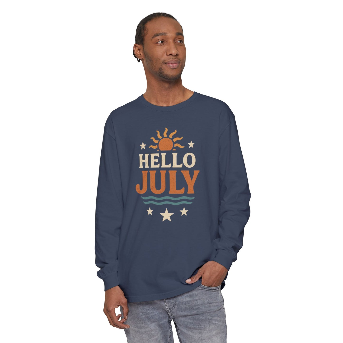 Sunny Hello July Long Sleeve T-Shirt | Unisex Summer Apparel | Gift for July Birthdays, Summer Celebrations, Beach Wear, Casual Style