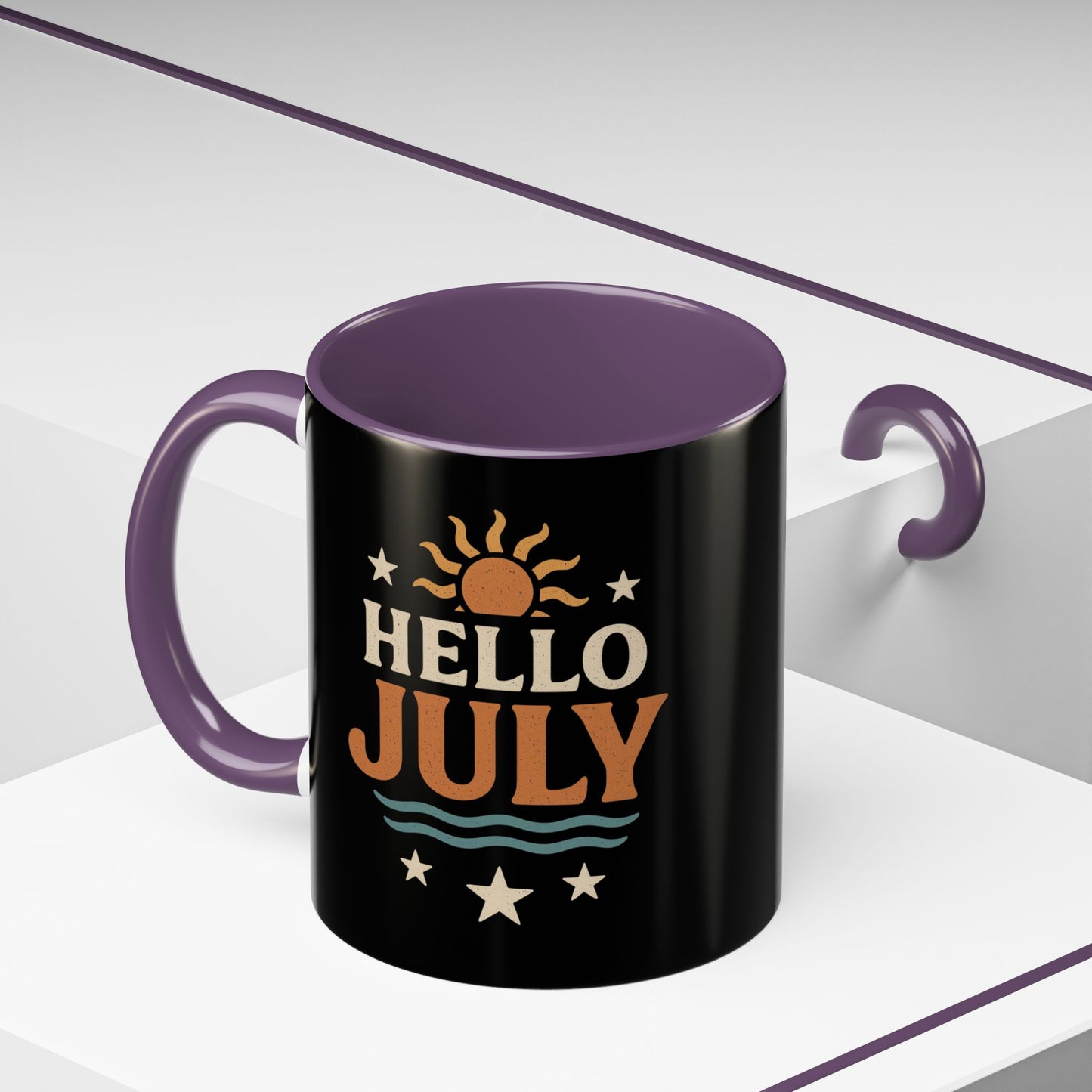 Accent Coffee Mug - Hello July Design, Summer Mug, Beach Lover Gift, July Birthday Gift, Celebrate Independence Day