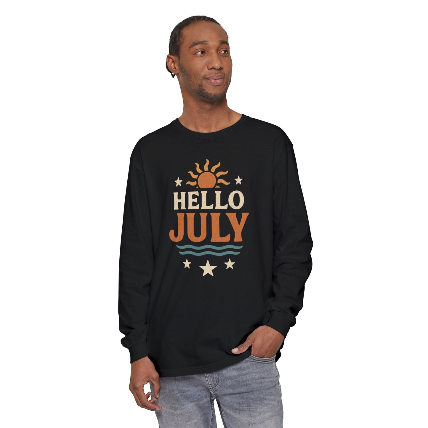 Sunny Hello July Long Sleeve T-Shirt | Unisex Summer Apparel | Gift for July Birthdays, Summer Celebrations, Beach Wear, Casual Style