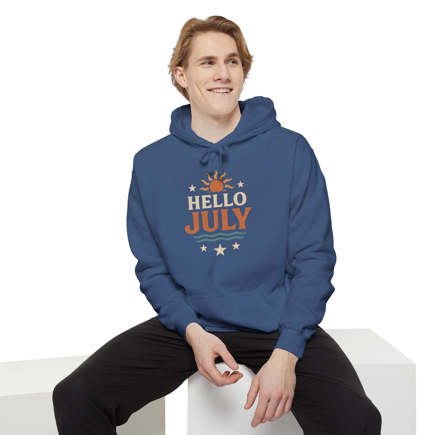 Unisex Summer Hoodie - Hello July, Cozy Apparel, Gift for July Birthdays, Light Summer Layer, Relaxed Style