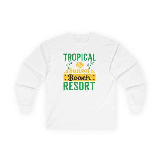 Tropical Sunset Resort Long Sleeve Tee, Beach Shirt, Summer Apparel, Vacation Clothing, Gift for Travelers