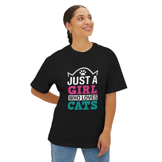Just a Girl Who Loves Cats - Unisex Oversized Boxy Tee, Cat Lover Apparel, Cute Cat T-Shirt, Gifts for Cat Lovers, Everyday Casual Wear