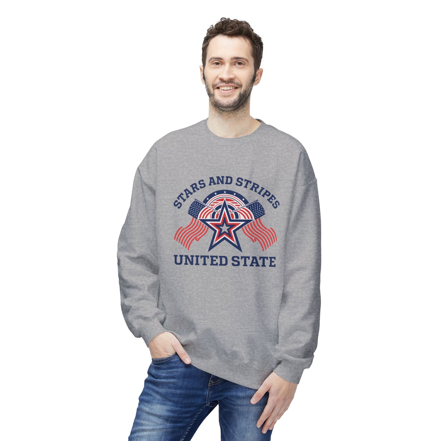 Unisex Stars and Stripes Sweatshirt, Cozy Crewneck for Patriotic Events, Independence Day, Casual Wear, Gift for Veterans, Unity Apparel