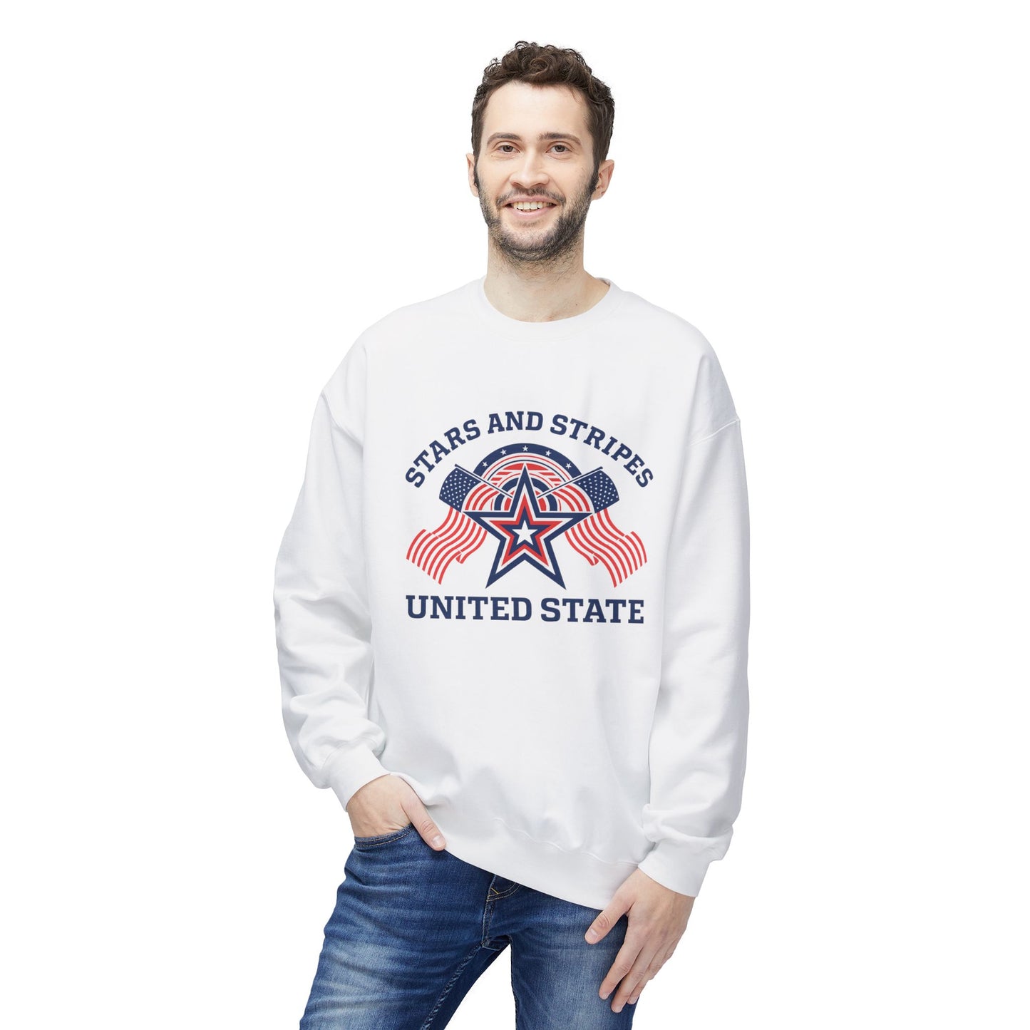 Unisex Stars and Stripes Sweatshirt, Cozy Crewneck for Patriotic Events, Independence Day, Casual Wear, Gift for Veterans, Unity Apparel