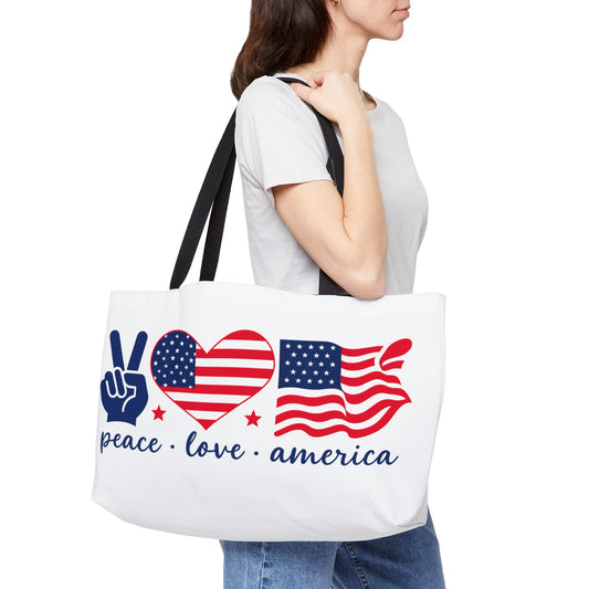 Patriotic Weekender Tote Bag, Peace Love America, Travel Bag, Beach Tote, Summer Essentials, 4th of July Celebration, Gift Idea
