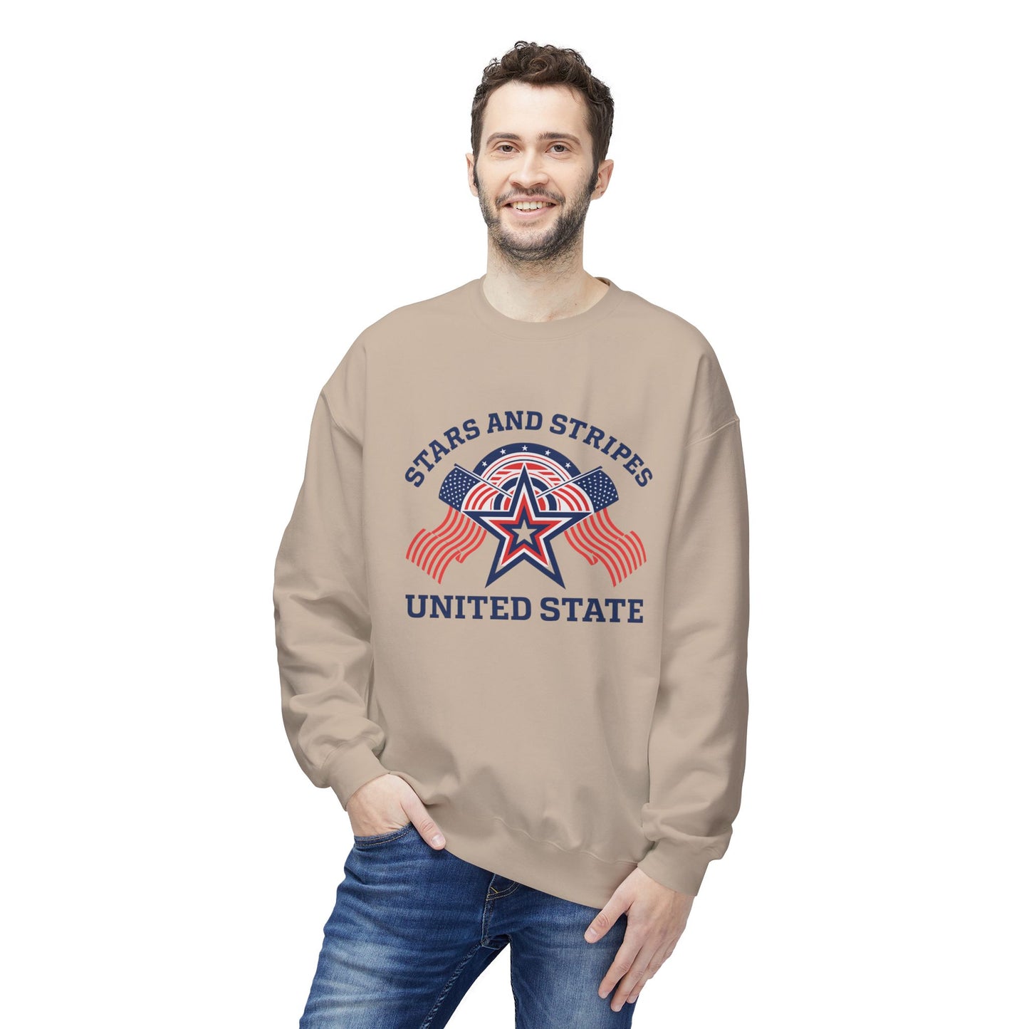 Unisex Stars and Stripes Sweatshirt, Cozy Crewneck for Patriotic Events, Independence Day, Casual Wear, Gift for Veterans, Unity Apparel